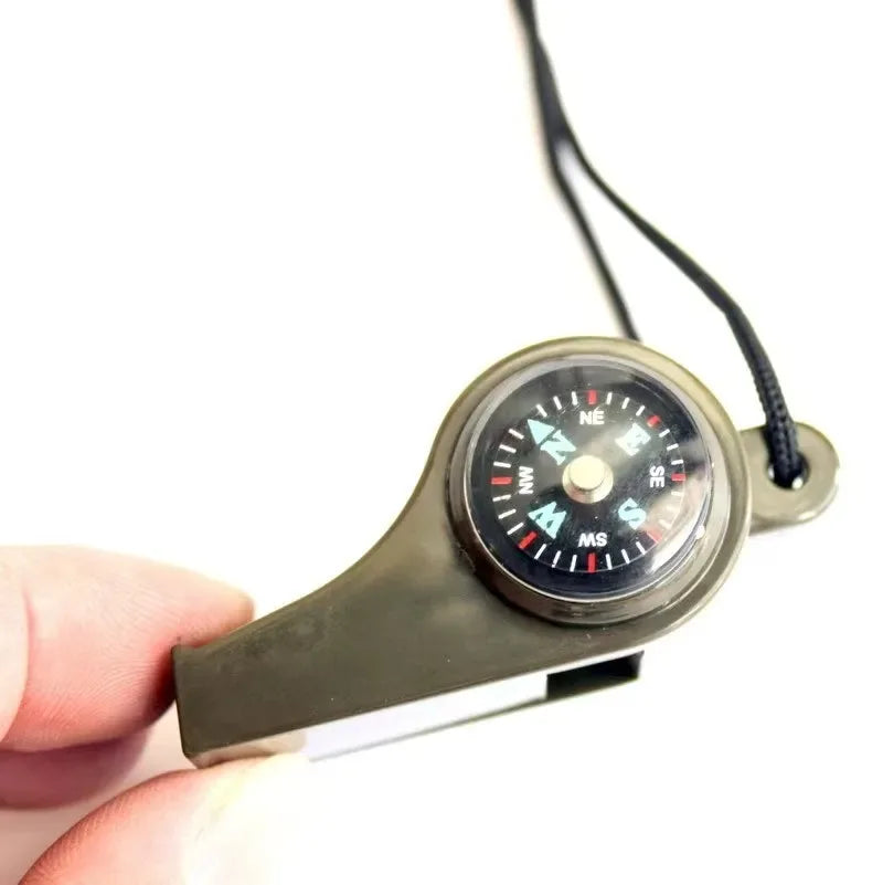 3-in-1 Camping Survival Whistle with Compass and Thermometer – Emergency Outdoor Hiking Tool in Army Green