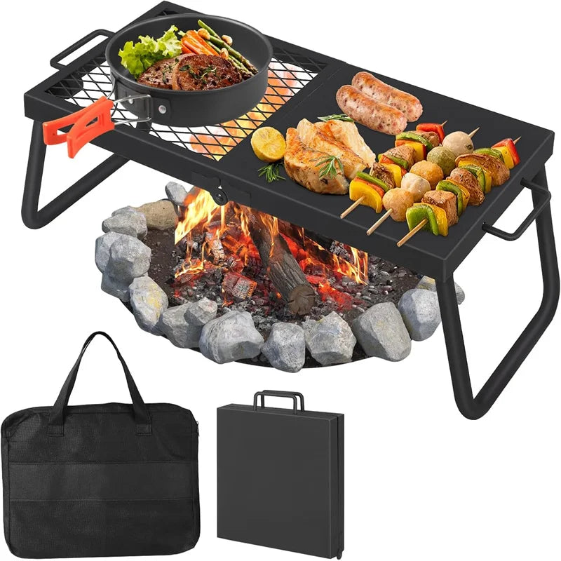 Folding Campfire Grill – Heavy Duty Steel Mesh Grate | Portable Camping Grill Rack for Outdoor Cooking over Fire Pits and Campfires