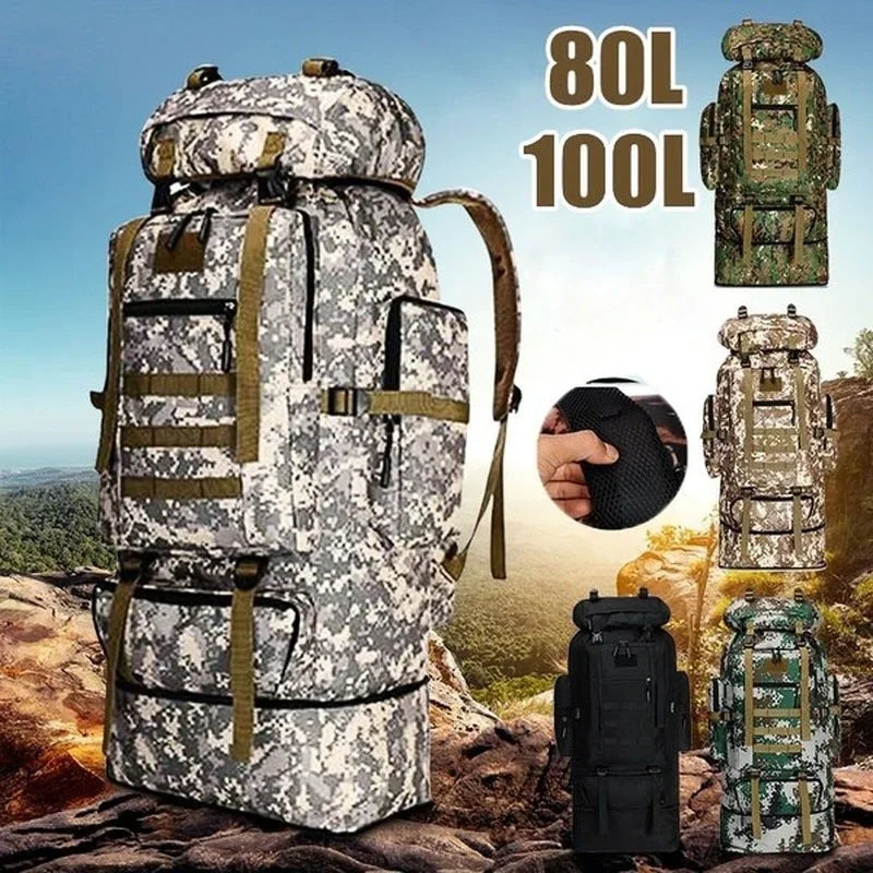 80L/100L Tactical Mountaineering Backpack – Large Capacity Hiking, Camping, and Travel Pack with Multiple Compartments