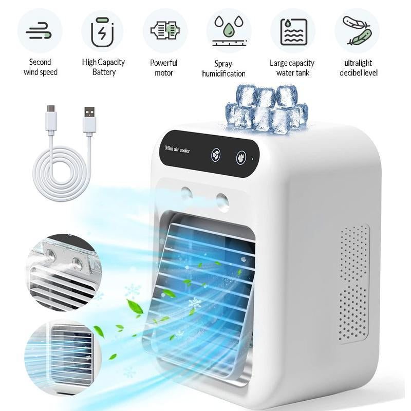 Portable USB Rechargeable Air Cooler Fan – 2-in-1 Mini AC with Dual Fog & Powerful Wind