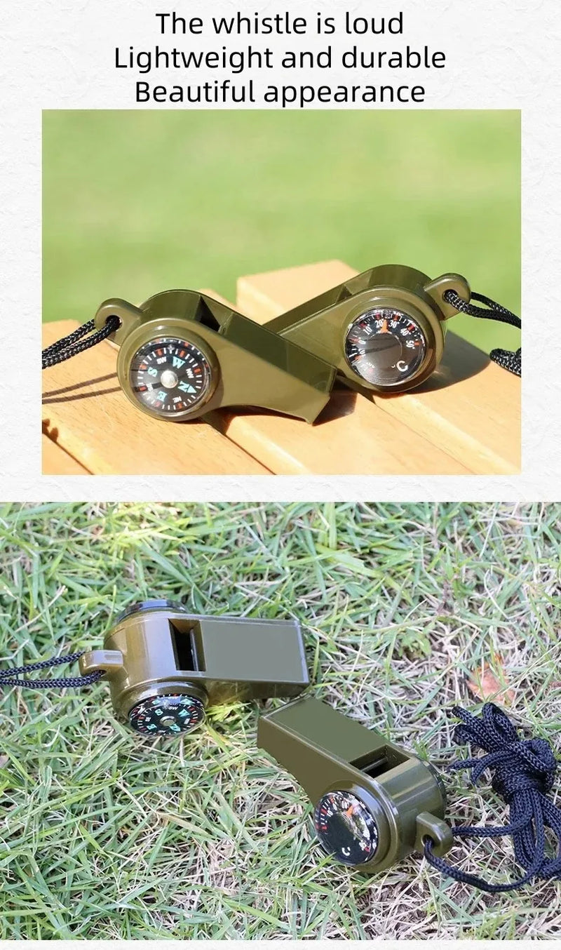 3-in-1 Camping Survival Whistle with Compass and Thermometer – Emergency Outdoor Hiking Tool in Army Green