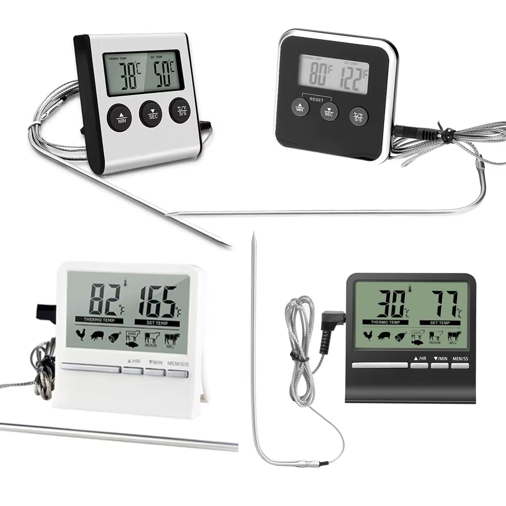 Digital LCD Food Thermometer with Probe – Electronic Meat, BBQ, Water, and Oil Temperature Tester | Cooking Timer and Alarm for Kitchen and Grill