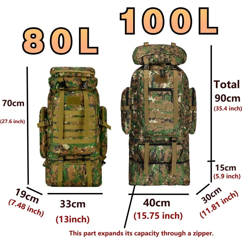 80L/100L Tactical Mountaineering Backpack – Large Capacity Hiking, Camping, and Travel Pack with Multiple Compartments