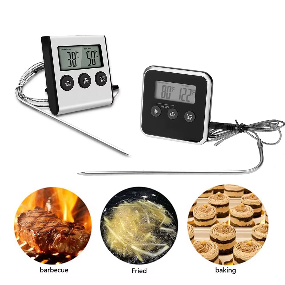 Digital LCD Food Thermometer with Probe – Electronic Meat, BBQ, Water, and Oil Temperature Tester | Cooking Timer and Alarm for Kitchen and Grill