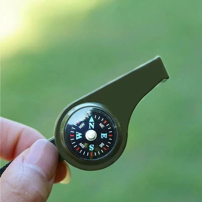 3-in-1 Camping Survival Whistle with Compass and Thermometer – Emergency Outdoor Hiking Tool in Army Green