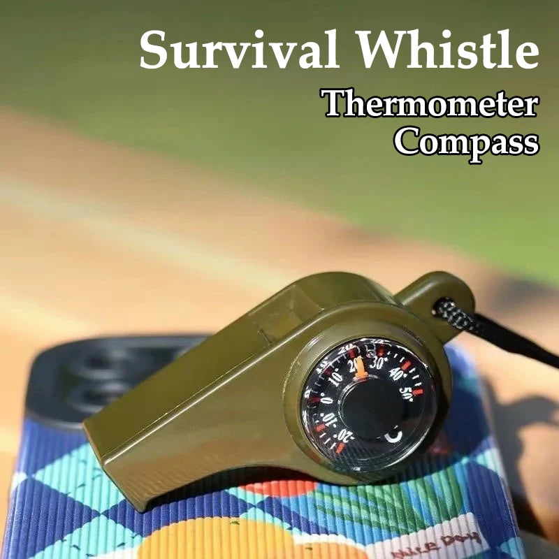 3-in-1 Camping Survival Whistle with Compass and Thermometer – Emergency Outdoor Hiking Tool in Army Green