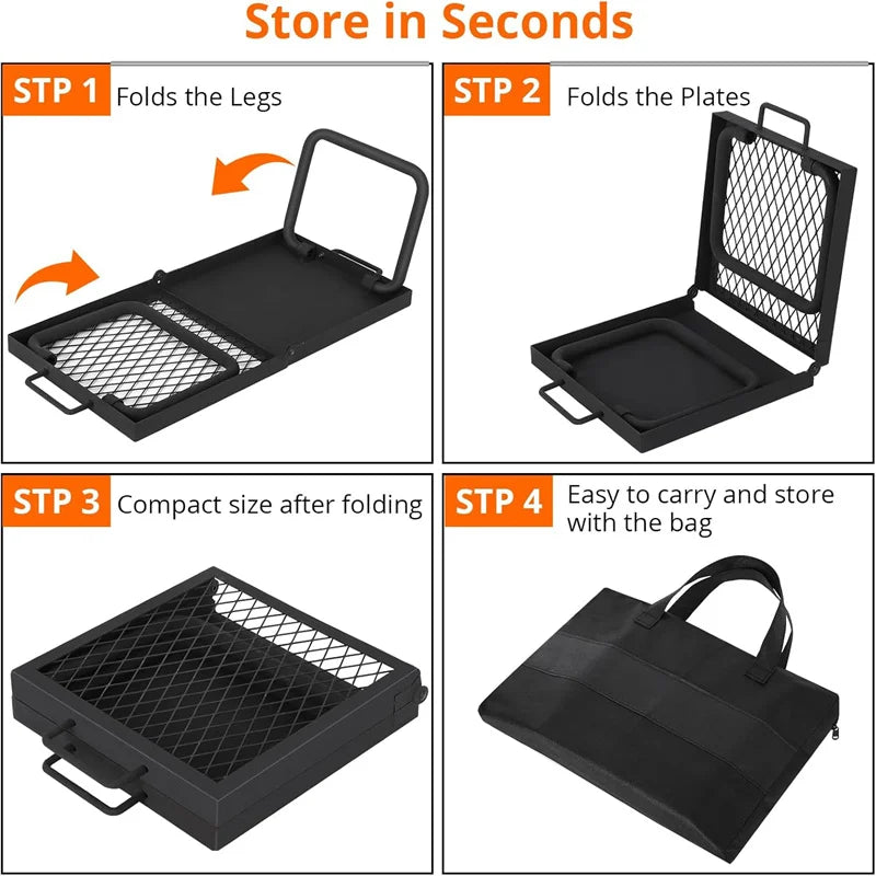 Folding Campfire Grill – Heavy Duty Steel Mesh Grate | Portable Camping Grill Rack for Outdoor Cooking over Fire Pits and Campfires