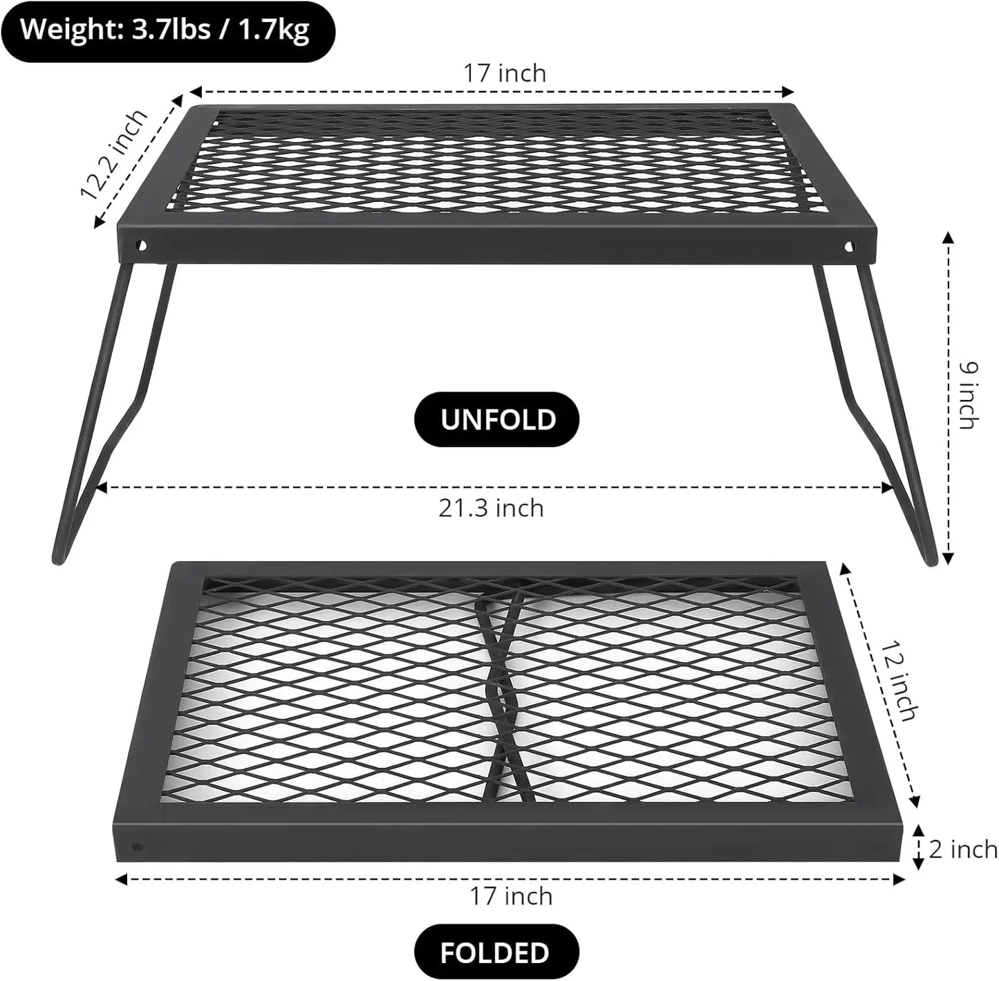 Folding Campfire Grill – Heavy Duty Steel Mesh Grate | Portable Camping Grill Rack for Outdoor Cooking over Fire Pits and Campfires