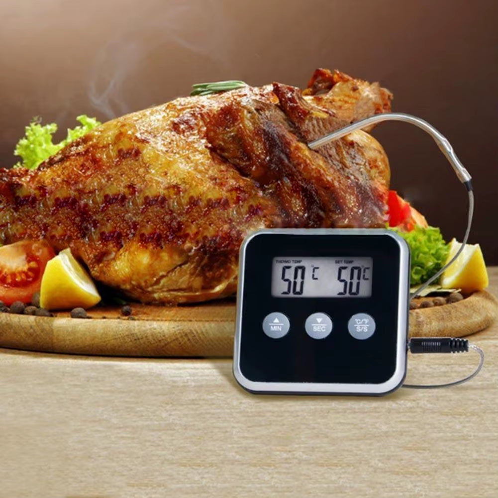 Digital LCD Food Thermometer with Probe – Electronic Meat, BBQ, Water, and Oil Temperature Tester | Cooking Timer and Alarm for Kitchen and Grill