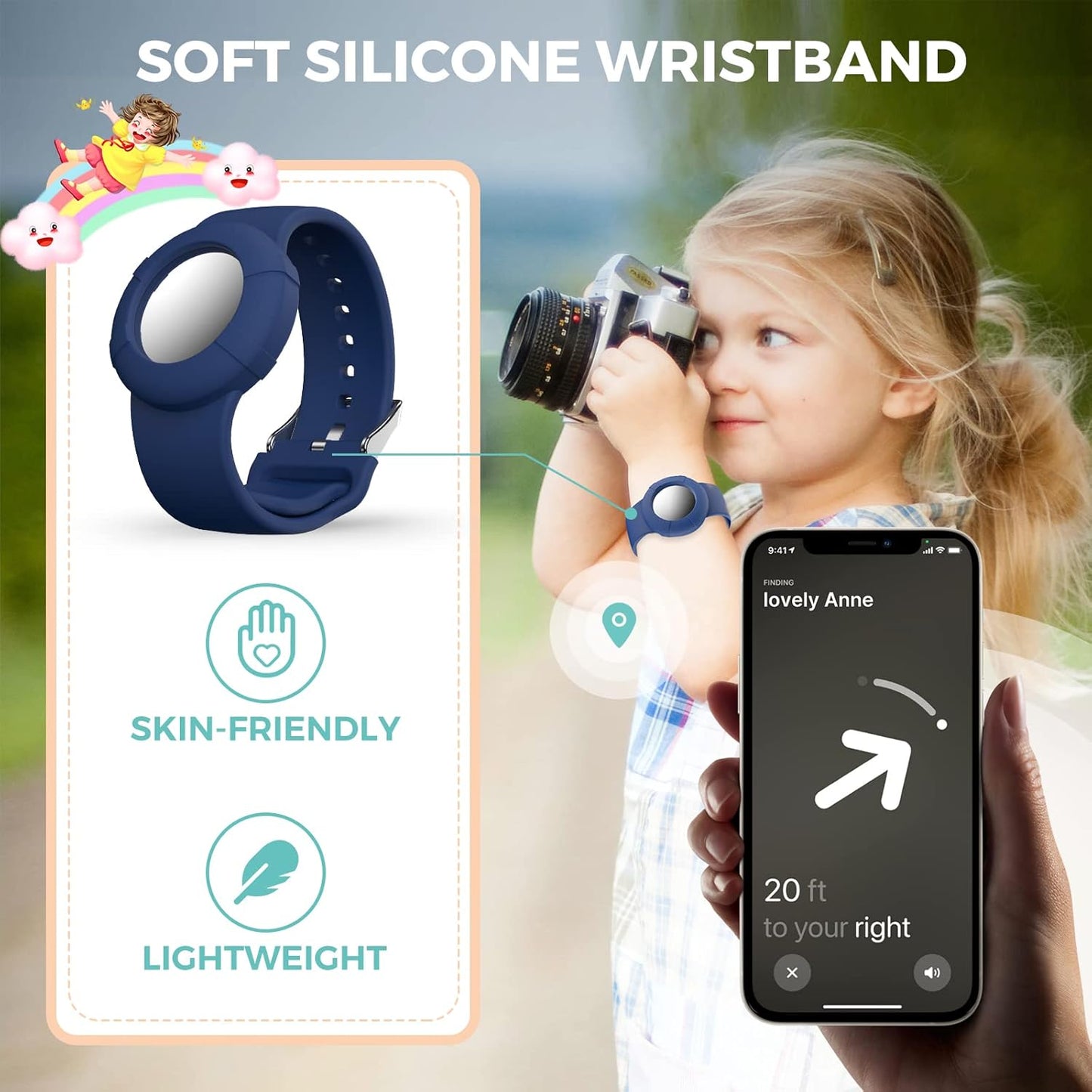 AirTag Wristband for Kids (2-Pack) – Soft Silicone Bracelet for Apple AirTag | Lightweight GPS Tracker Holder, Child-Friendly Watch Band (Black & Navy Blue)
