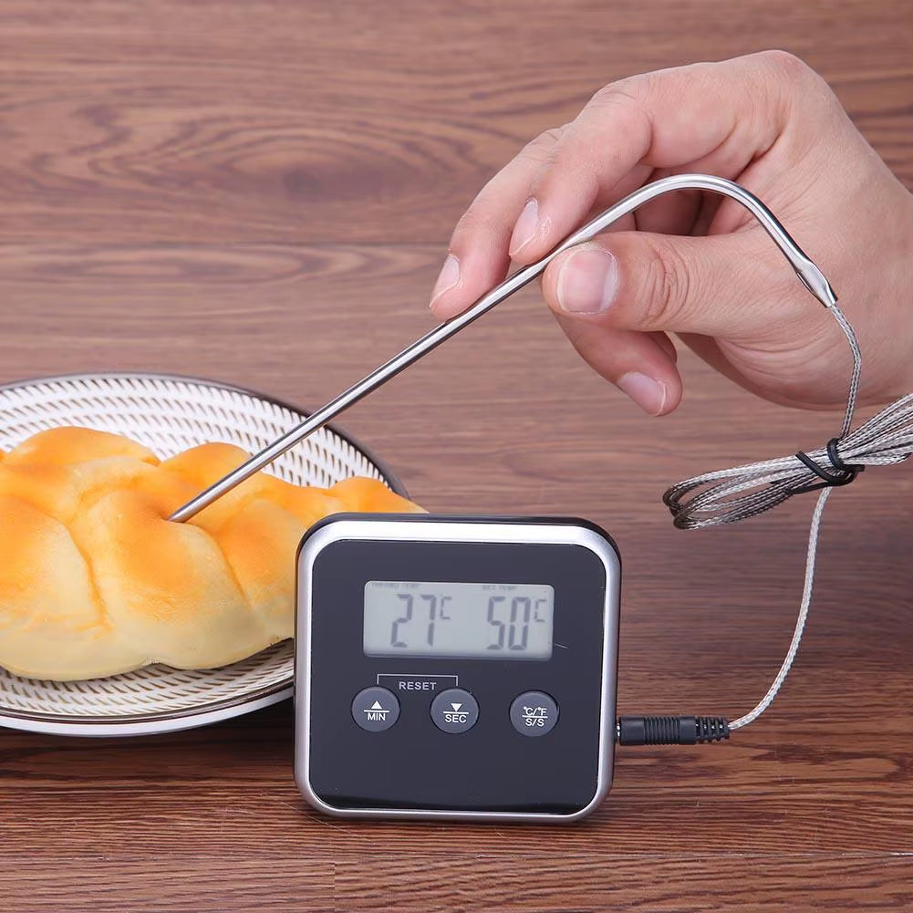 Digital LCD Food Thermometer with Probe – Electronic Meat, BBQ, Water, and Oil Temperature Tester | Cooking Timer and Alarm for Kitchen and Grill