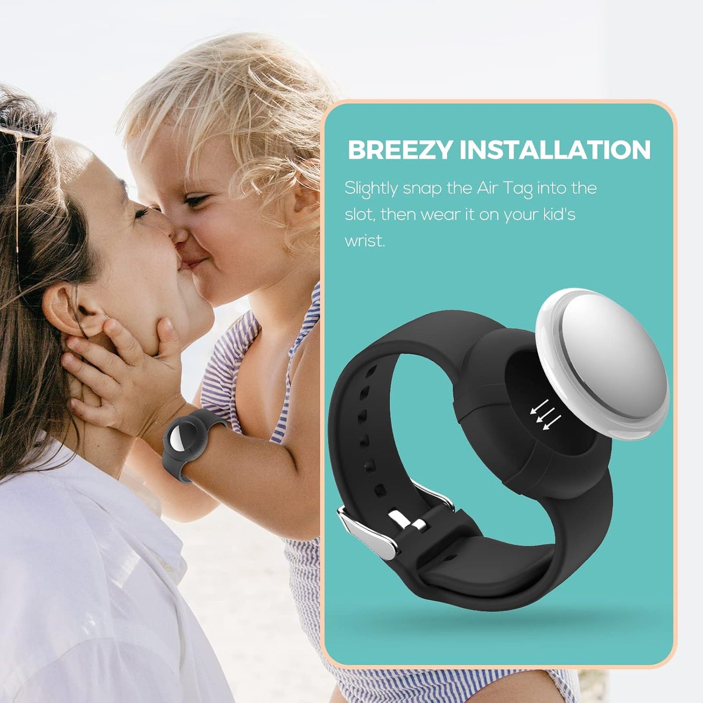 AirTag Wristband for Kids (2-Pack) – Soft Silicone Bracelet for Apple AirTag | Lightweight GPS Tracker Holder, Child-Friendly Watch Band (Black & Navy Blue)