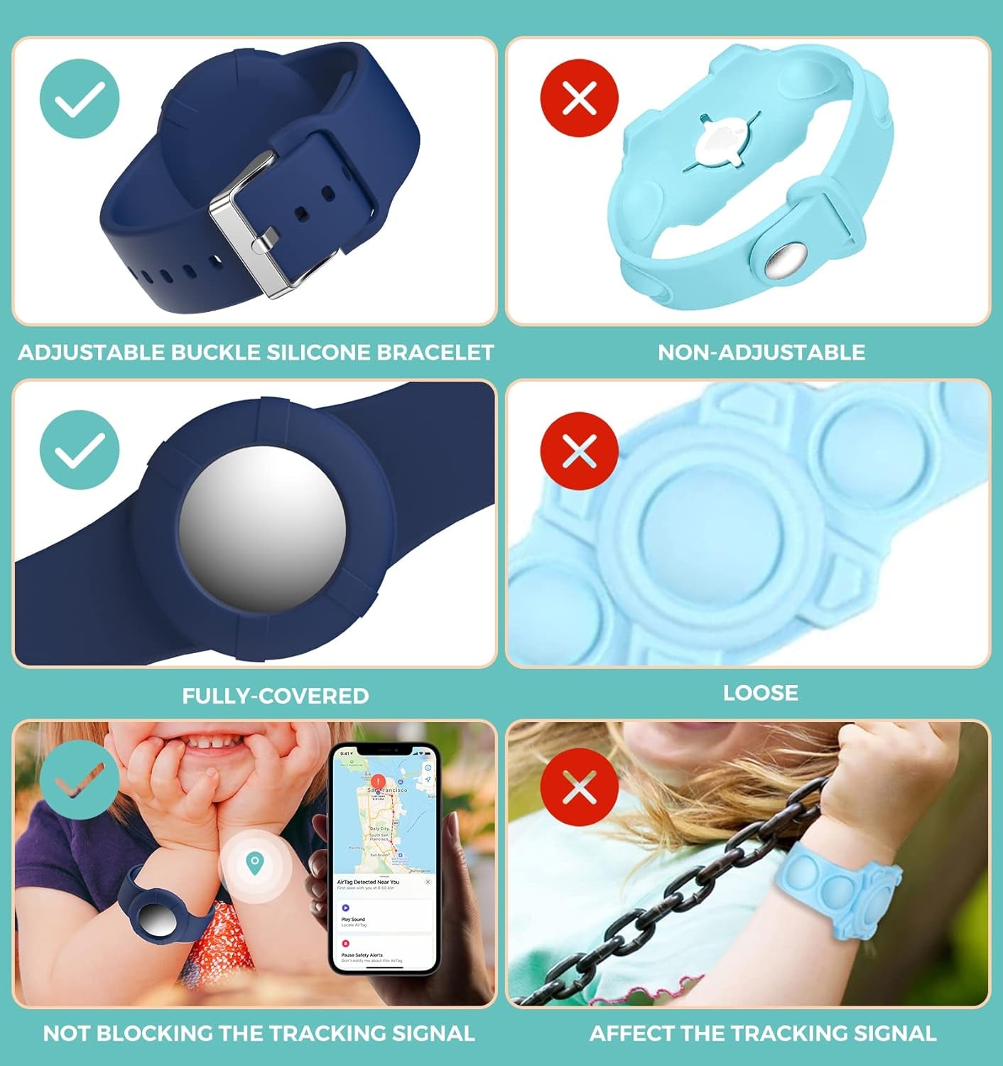 AirTag Wristband for Kids (2-Pack) – Soft Silicone Bracelet for Apple AirTag | Lightweight GPS Tracker Holder, Child-Friendly Watch Band (Black & Navy Blue)