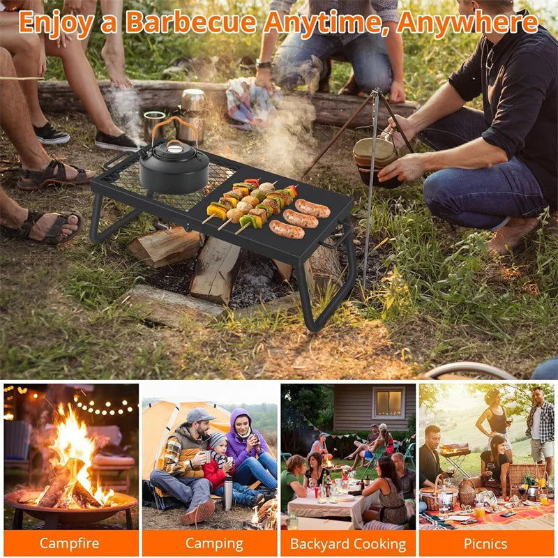 Folding Campfire Grill – Heavy Duty Steel Mesh Grate | Portable Camping Grill Rack for Outdoor Cooking over Fire Pits and Campfires