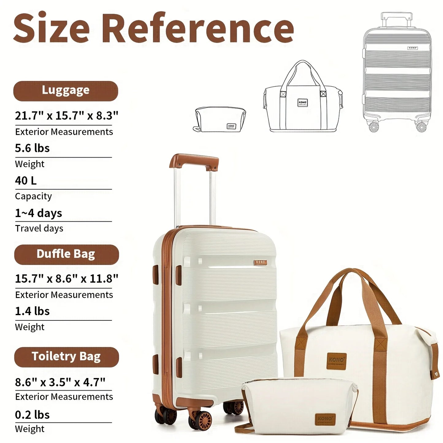 Kono 20" Lightweight Hard shell Carry-On Luggage Set – Cabin Suitcase with Travel Organizer and Toiletry Bags