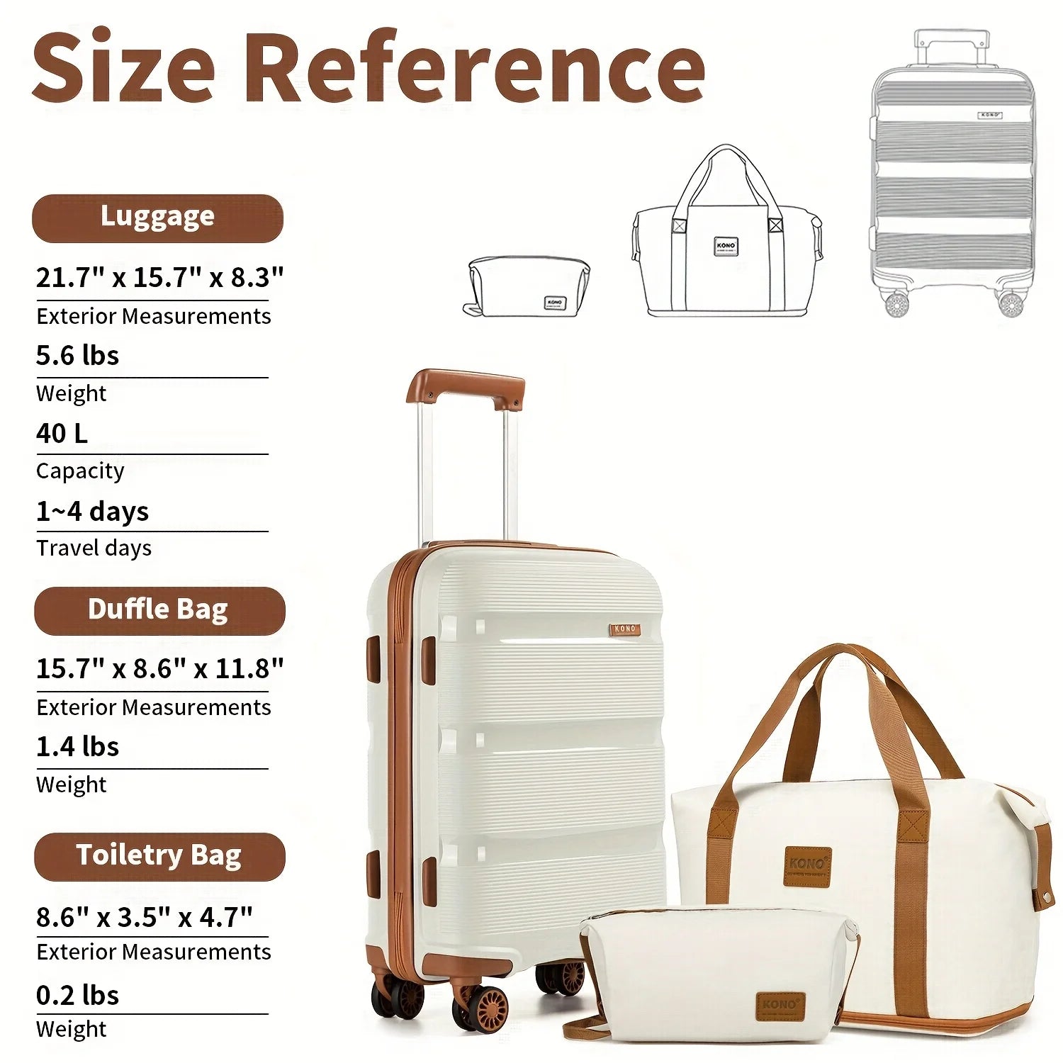 Kono 20" Lightweight Hard shell Carry-On Luggage Set – Cabin Suitcase with Travel Organizer and Toiletry Bags