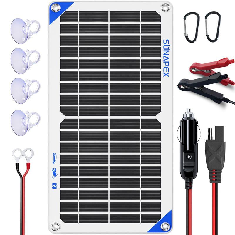 SUNAPEX 10W 12V Solar Battery Charger Maintainer – Portable Waterproof Trickle Charger with Controller & Clips