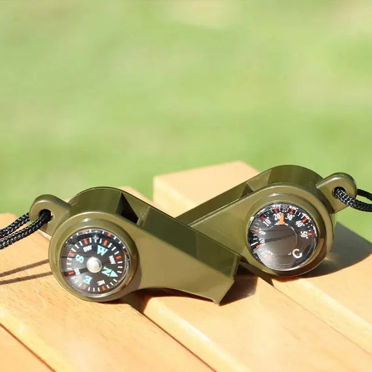 3-in-1 Camping Survival Whistle with Compass and Thermometer – Emergency Outdoor Hiking Tool in Army Green