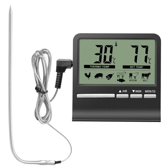 Digital LCD Food Thermometer with Probe – Electronic Meat, BBQ, Water, and Oil Temperature Tester | Cooking Timer and Alarm for Kitchen and Grill