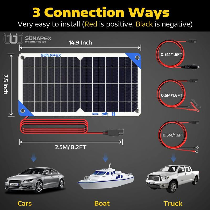 SUNAPEX 10W 12V Solar Battery Charger Maintainer – Portable Waterproof Trickle Charger with Controller & Clips