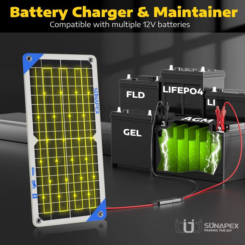 SUNAPEX 10W 12V Solar Battery Charger Maintainer – Portable Waterproof Trickle Charger with Controller & Clips