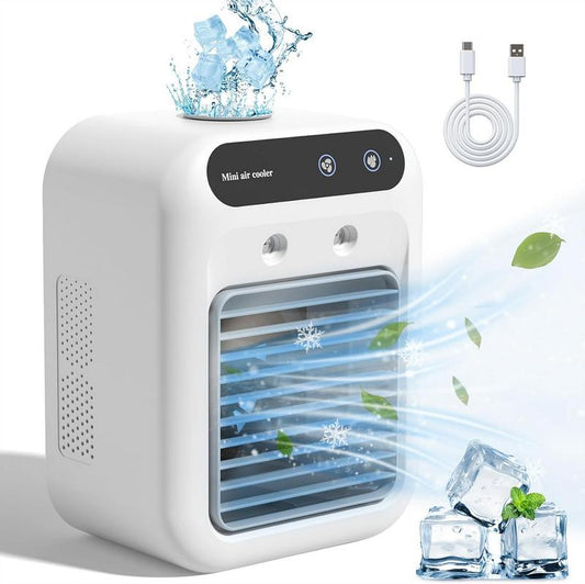 Portable USB Rechargeable Air Cooler Fan – 2-in-1 Mini AC with Dual Fog & Powerful Wind