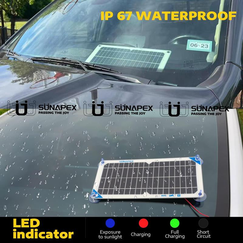 SUNAPEX 10W 12V Solar Battery Charger Maintainer – Portable Waterproof Trickle Charger with Controller & Clips