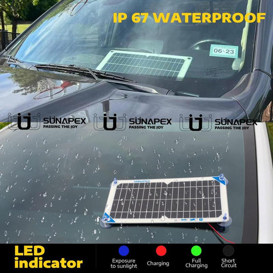 SUNAPEX 10W 12V Solar Battery Charger Maintainer – Portable Waterproof Trickle Charger with Controller & Clips