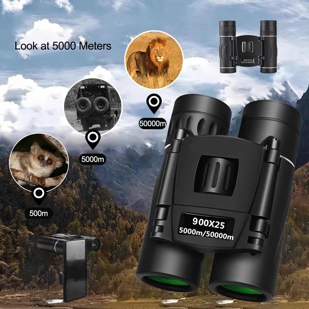 900x25 HD Zoom Portable Binoculars – Long-Range Folding BAK4 Prism Telescope for Hunting, Camping & Low-Light Viewing