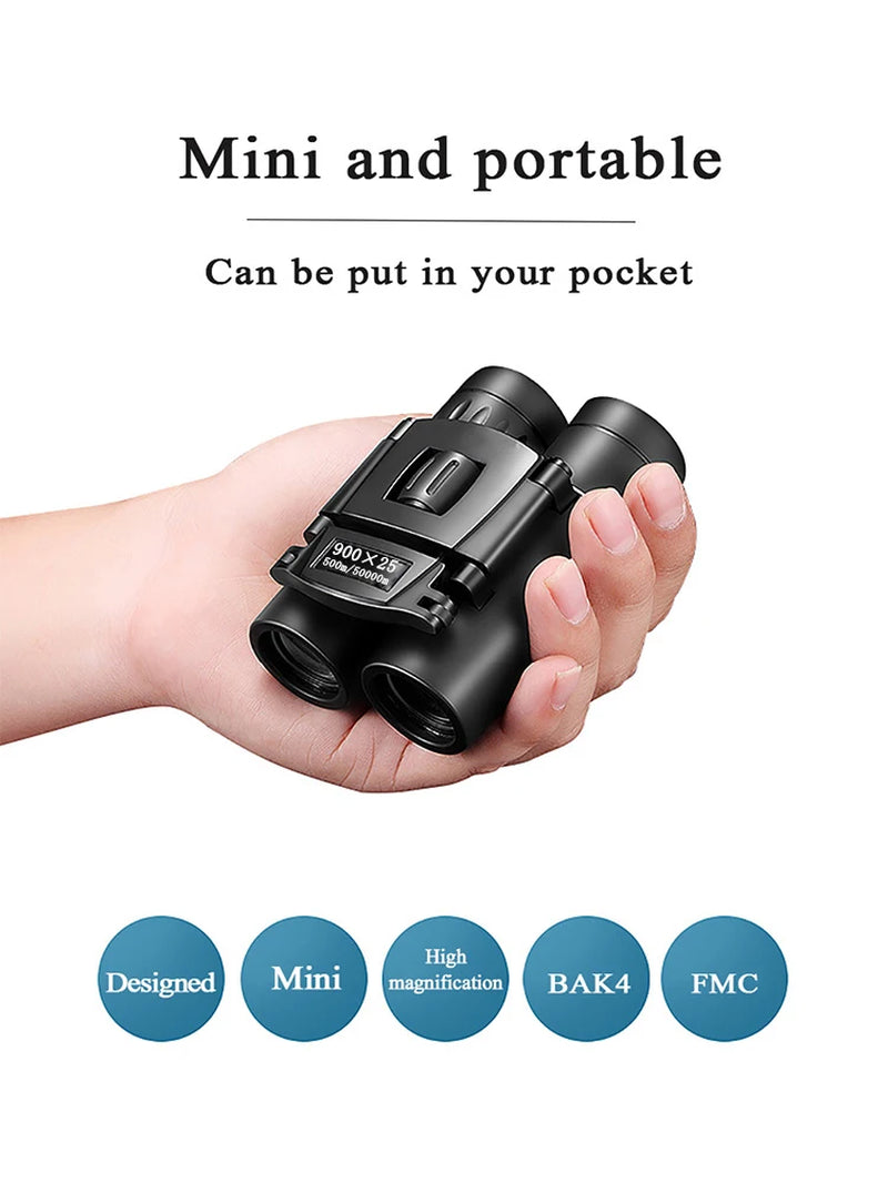 900x25 HD Zoom Portable Binoculars – Long-Range Folding BAK4 Prism Telescope for Hunting, Camping & Low-Light Viewing